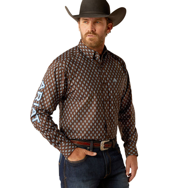 10054056 Ariat Men's Team Oak Classic Fit Long Sleeve Shirt - Brown & Light Blue