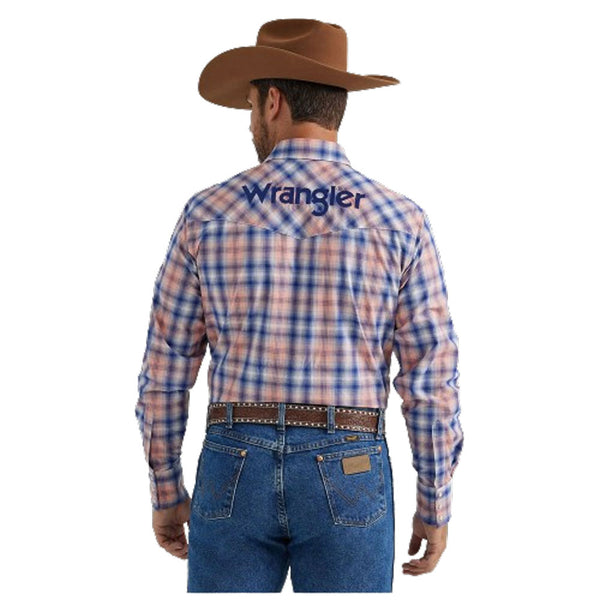 112346223 Wrangler Men's Long Sleeve Logo Shirt - Orange Blue Plaid