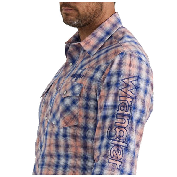 112346223 Wrangler Men's Long Sleeve Logo Shirt - Orange Blue Plaid