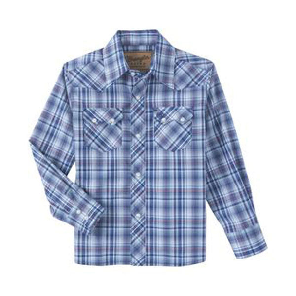 112346275 Wrangler Boys Retro Long Sleeve Snap Shirt - Ole Blue Plaid