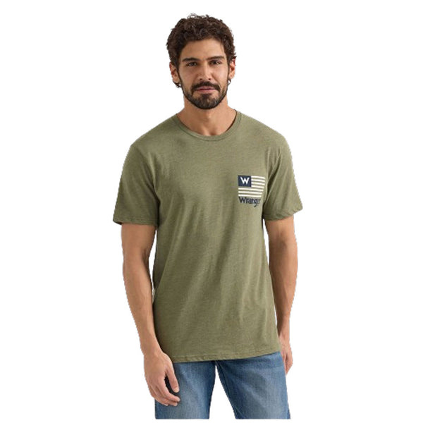 112350040 Wrangler Men's Stars & Stripes Flag Short Sleeve T-Shirt - Deep Lichen Green Heather