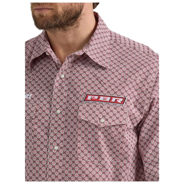 112352655 Wrangler Men's PBR Logo Long Sleeve Western Snap Shirt - Red Rodeo