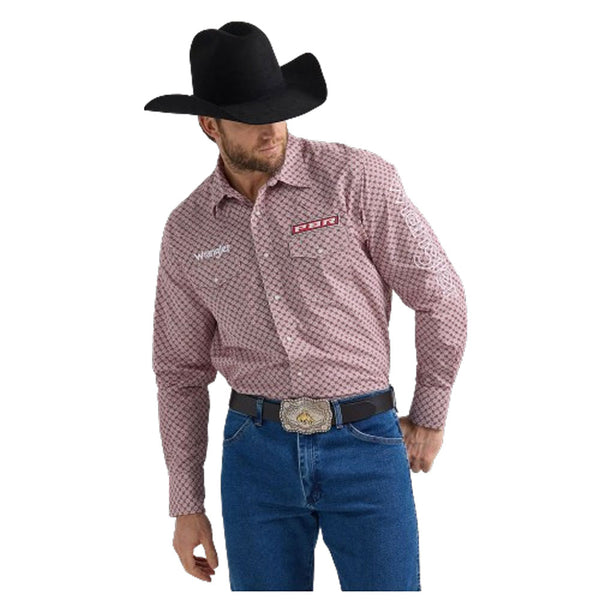 112352655 Wrangler Men's PBR Logo Long Sleeve Western Snap Shirt - Red Rodeo