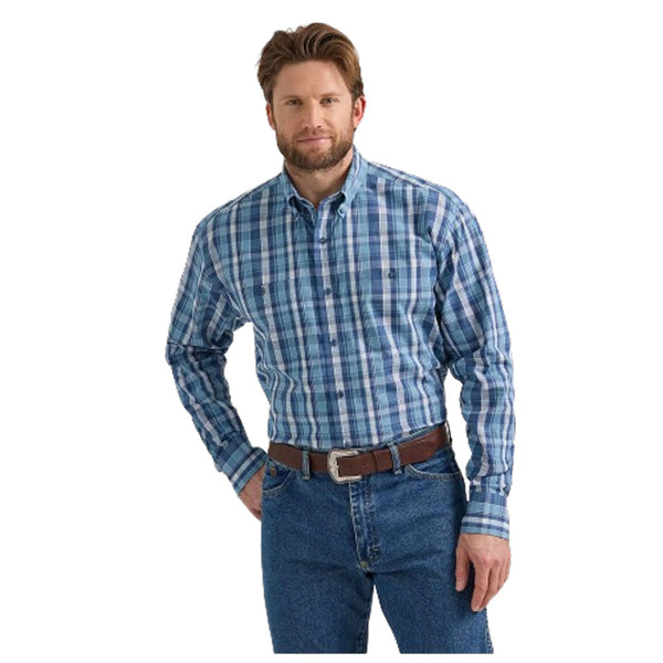 112352738 Wrangler Men's George Strait Long Sleeve Buttondown Western Shirt - Cerulean Plaid