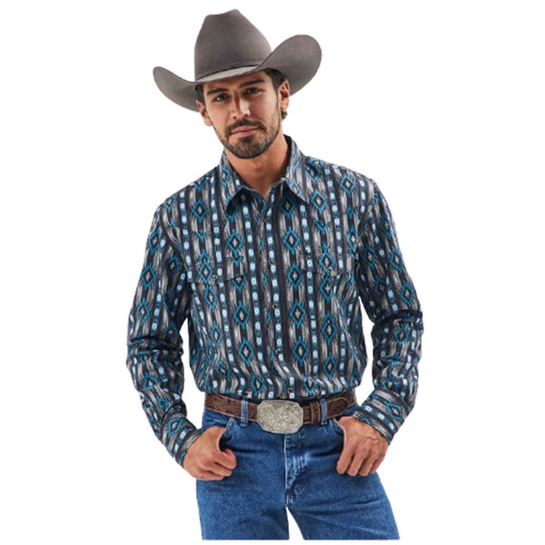 112355377 Wrangler Men's Checotah Western Classic Fit Long Sleeve Shirt - Black Bleu