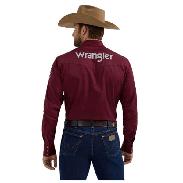 112355405 Wrangler Men's Logo Long Sleeve Snap Shirt - Burgundy