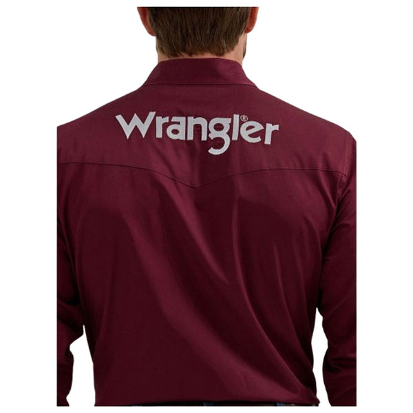 112355405 Wrangler Men's Logo Long Sleeve Snap Shirt - Burgundy