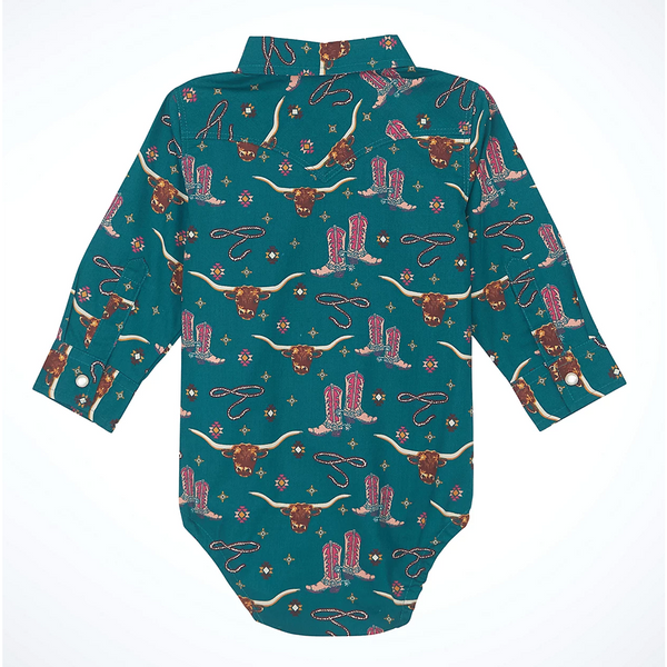 112356569 Wrangler Baby Girl Bodysuit- Green with Rodeo Print