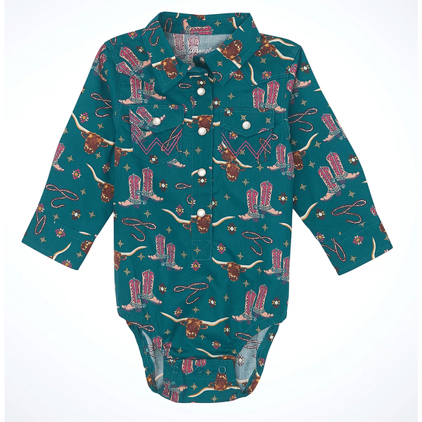 112356569 Wrangler Baby Girl Bodysuit- Green with Rodeo Print