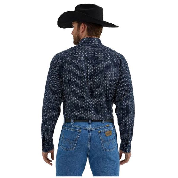 112356594 Wrangler Men's George Strait Collection One Pocket Long Sleeve Shirt - Navy Arrowhead