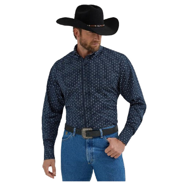 112356594 Wrangler Men's George Strait Collection One Pocket Long Sleeve Shirt - Navy Arrowhead