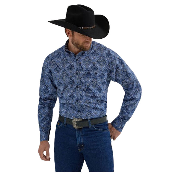 112356605 Wrangler Men's George Strait Collection One Pocket Long Sleeve Shirt - Big Blue Paisley