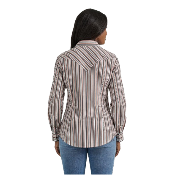 112356665 Wrangler Women's Metallic Stripe Slim Western Snap Shirt - Pink Grey