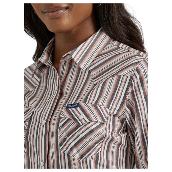 112356665 Wrangler Women's Metallic Stripe Slim Western Snap Shirt - Pink Grey