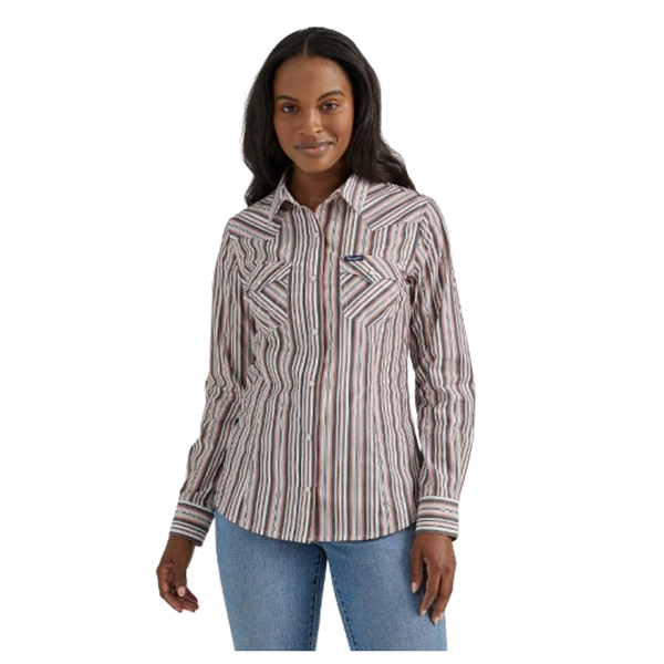 112356665 Wrangler Women's Metallic Stripe Slim Western Snap Shirt - Pink Grey