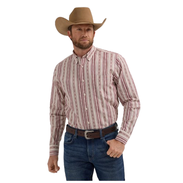 112357669 Wrangler® X Cody Johnson Men's Long Sleeve Classic Fit Shirt - Burgundy Stripe