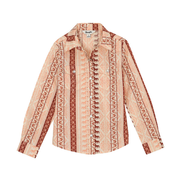 112359397 Wrangler Girls' Western Long Sleeve Snap Shirt - Pink Print Stripe