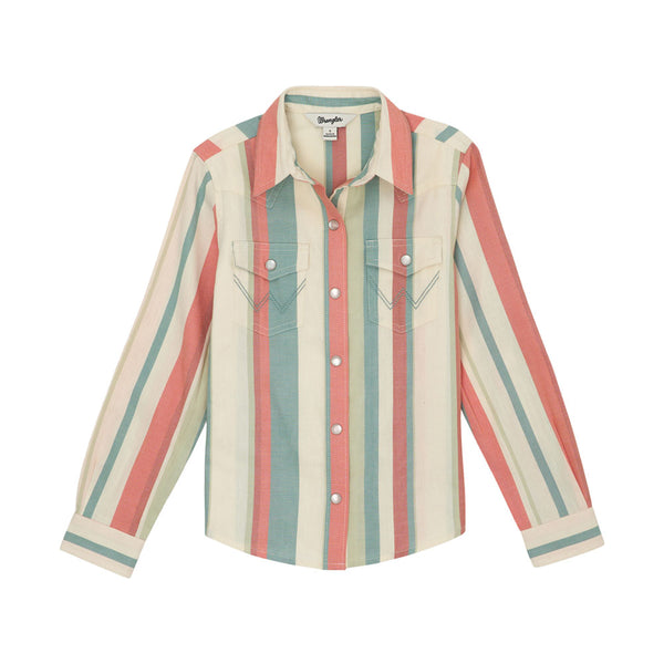 112359415 Wrangler Girls' Western Long Sleeve Snap Shirt - Coral & Teal