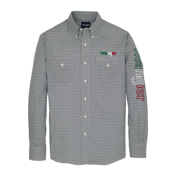 112359483 Wrangler Men's Mexico Logo Long Sleeve Classic Fit Button Shirt -  Grey