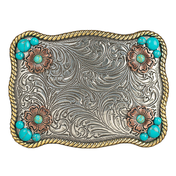 37929 Blazin Roxx Rectangle Flower Western Belt Buckle With Turquoise