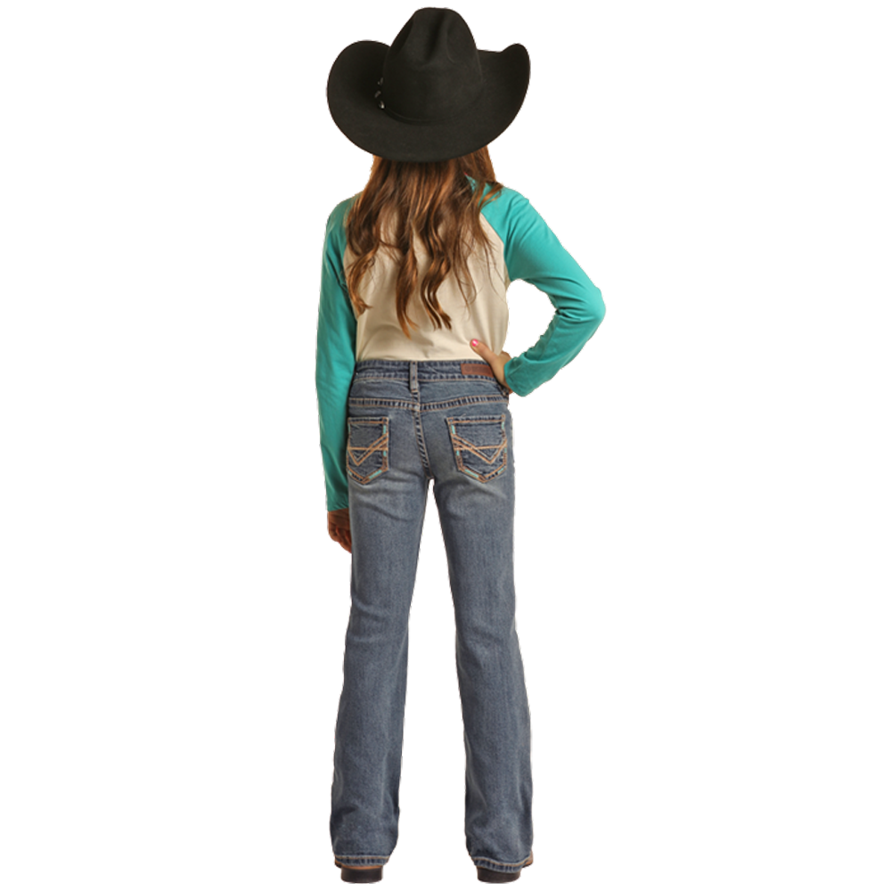 BG4MD02553 Rock & Roll Denim Girls Bootcut Mid Rise Jeans with Pedal Stitch  Embroidery