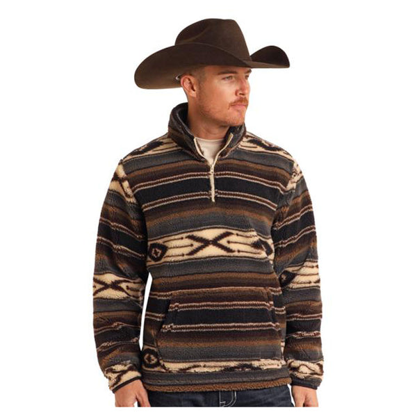 BM91T05370 Rock & Roll Men's Aztec Printed Sherpa Pullover - Dark Brown