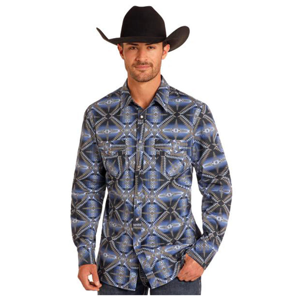 BMN2S04712 Rock & Roll Men's Long Sleeve Snap Shirt - Blue Print