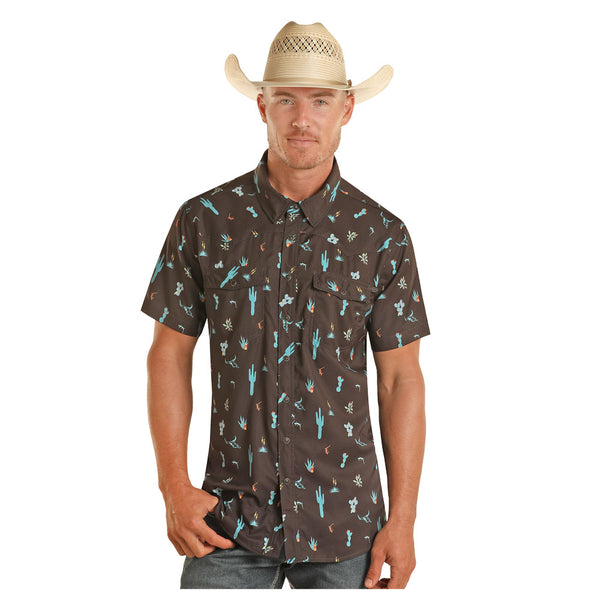 BMN3S04221 Rock & Roll Men's Short Sleeve TekWestern Snap Shirt - Black Cactus Print