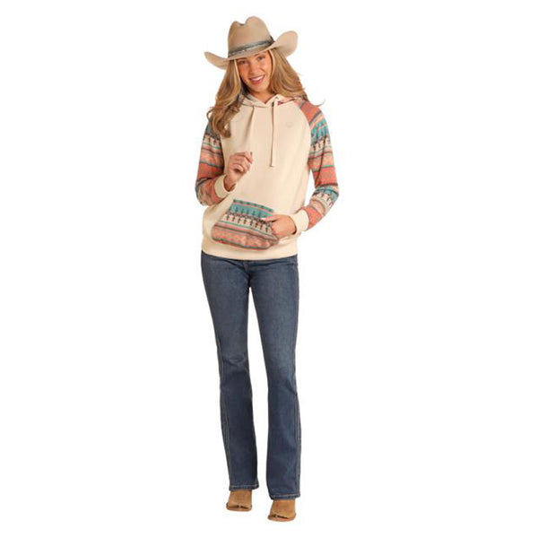 BW94T05213 Rock & Roll Women's Contrast Sleeves Hoodie - Natural & Turquoise