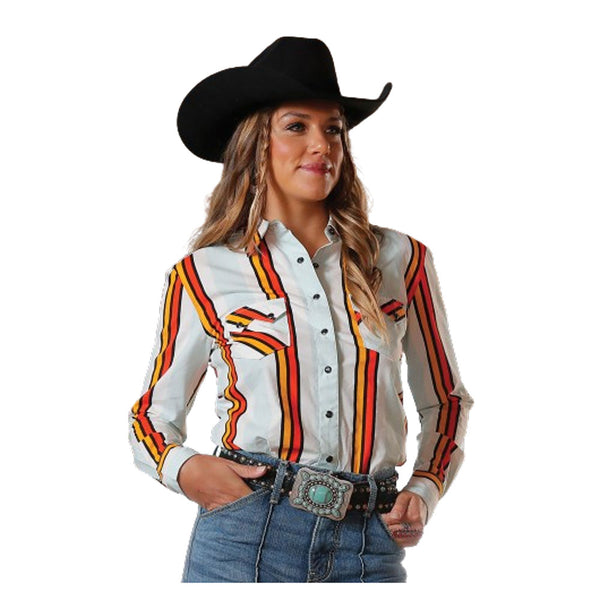 CTW7250009 Cruel Girl Women's Long Sleeve Boyfriend Fit Western Snap Shirt - White & Orange Stripe