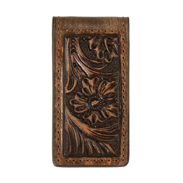 D250013102 3D Magnetic Money Clip Floral Embossed Leather - Brown