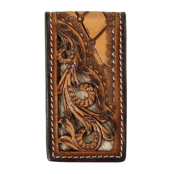 D250014408 3D Leather Money Clip Magnetic Scrolling Filligree Tan