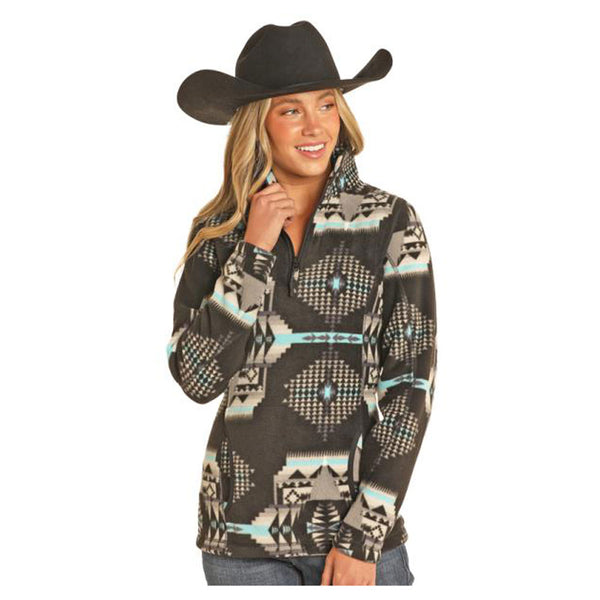 DW91C04140 Powder River Women's Aztec Printed Fleece Pullover - Black