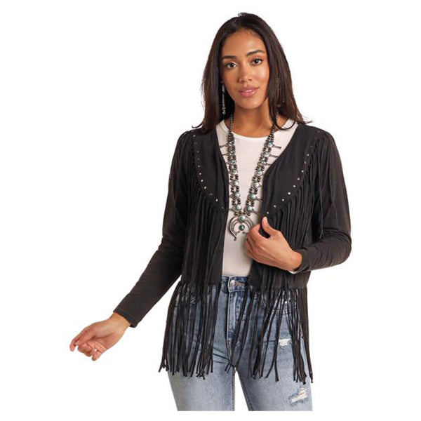 LW34T05170 Panhandle Women's Cardigan Sweater with Fringe Trim - Black