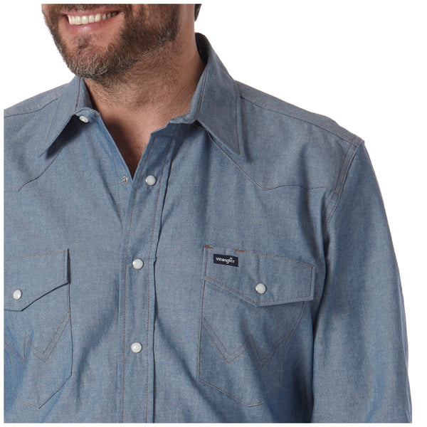 MS70919 Wrangler Mens Chambray Blue Long Sleeve Twill Solid Shirt