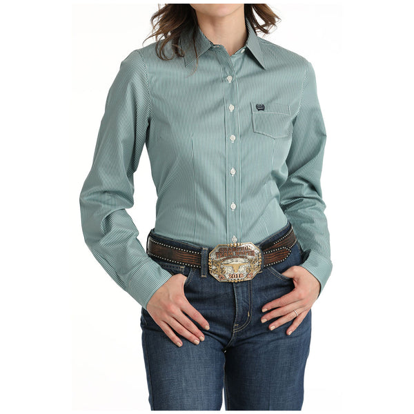 MSW9164224 Cinch Women's Long Sleeve Western Tencel Button Up Shirt - Teal Stripe