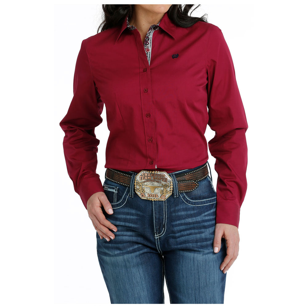 Cinch Western Shirt Women Long Sleeve Button Solid Burgundy