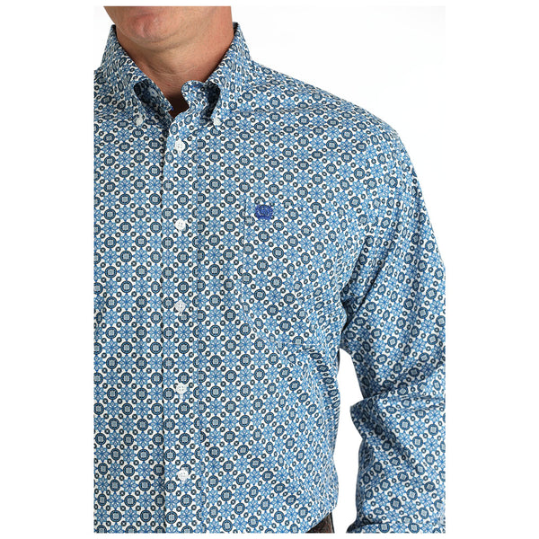 MTW1105794 Cinch Men's Long Sleeve Button Down Western Shirt - White & Blue Print