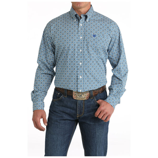 MTW1105794 Cinch Men's Long Sleeve Button Down Western Shirt - White & Blue Print