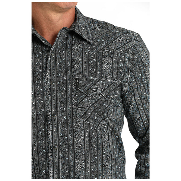 MTW1301076 Cinch Men's Modern FIt Long Sleeve Western Snap Shirt - Black & Blue Stripe Print