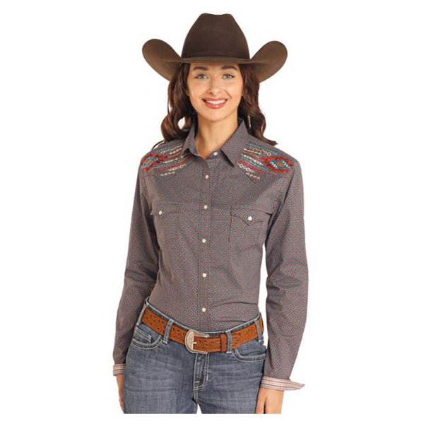 RWN2S04597 Panhandle Roughstock Women's Long Sleeve Western Snap Shirt - Brown & Blue Print