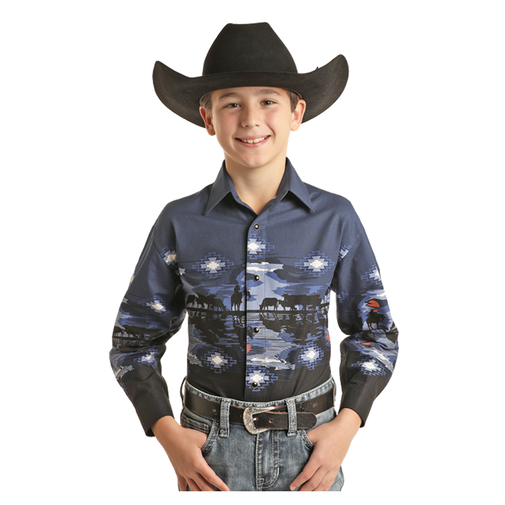 SBN2S02453 Panhandle Boys Border Print Western Snap Shirt | The Wire Horse