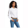 10039457 Ariat Women's Team Kirby Long Sleeve Stretch Shirt - White/Leopard