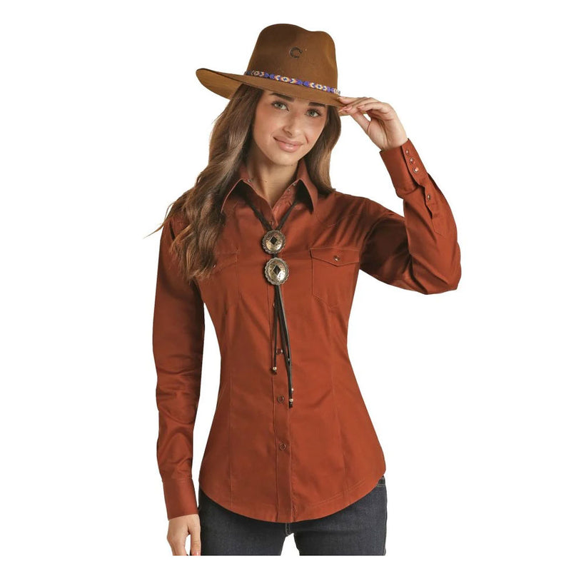 PSWSOSR07S-R Panhandle Women's Stretch Poplin Long Sleeve Western Snap  Shirt - Solid Rusty